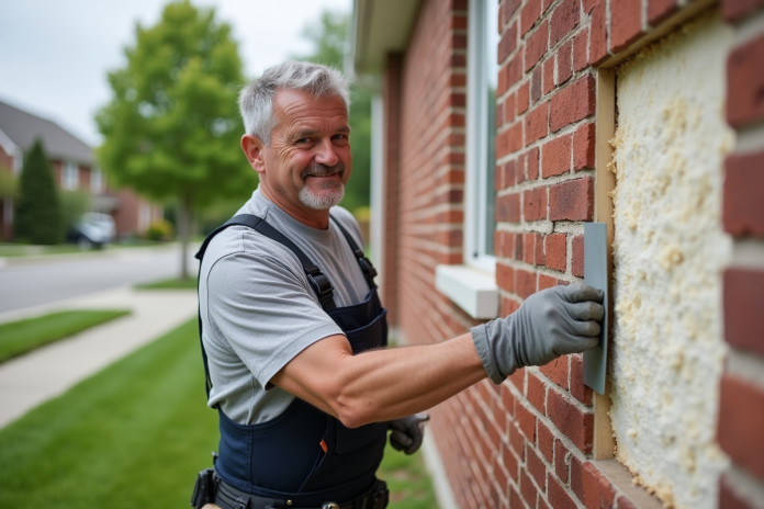 Homme moyenâgeux appliquant de l'isolation extérieure sur une maison