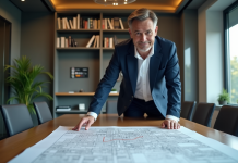 Devenir un développeur foncier expert : conseils et étapes essentielles pour réussir Homme d'affaires en costume bleu examine un plan urbain