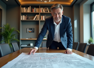 Homme d'affaires en costume bleu examine un plan urbain