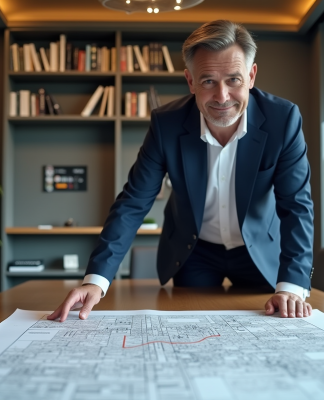 Homme d'affaires en costume bleu examine un plan urbain