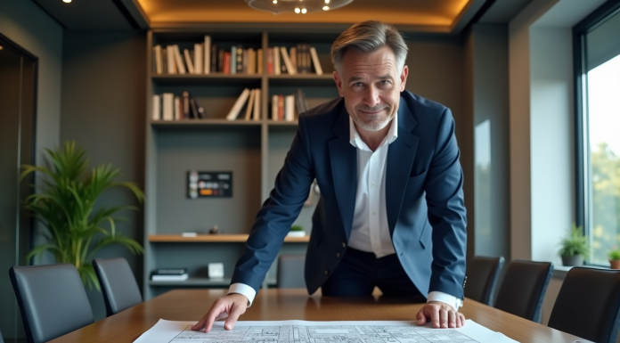 Homme d'affaires en costume bleu examine un plan urbain