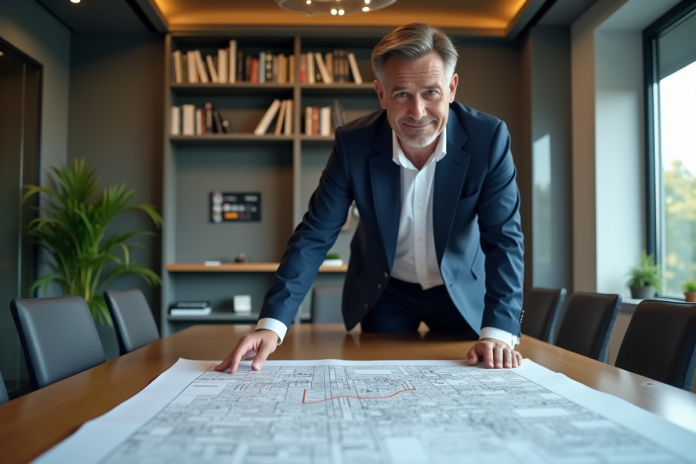 homme-urbanisme-contrle-plan Homme d'affaires en costume bleu examine un plan urbain