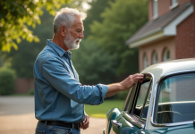 Homme d'âge moyen polissant une voiture vintage classique