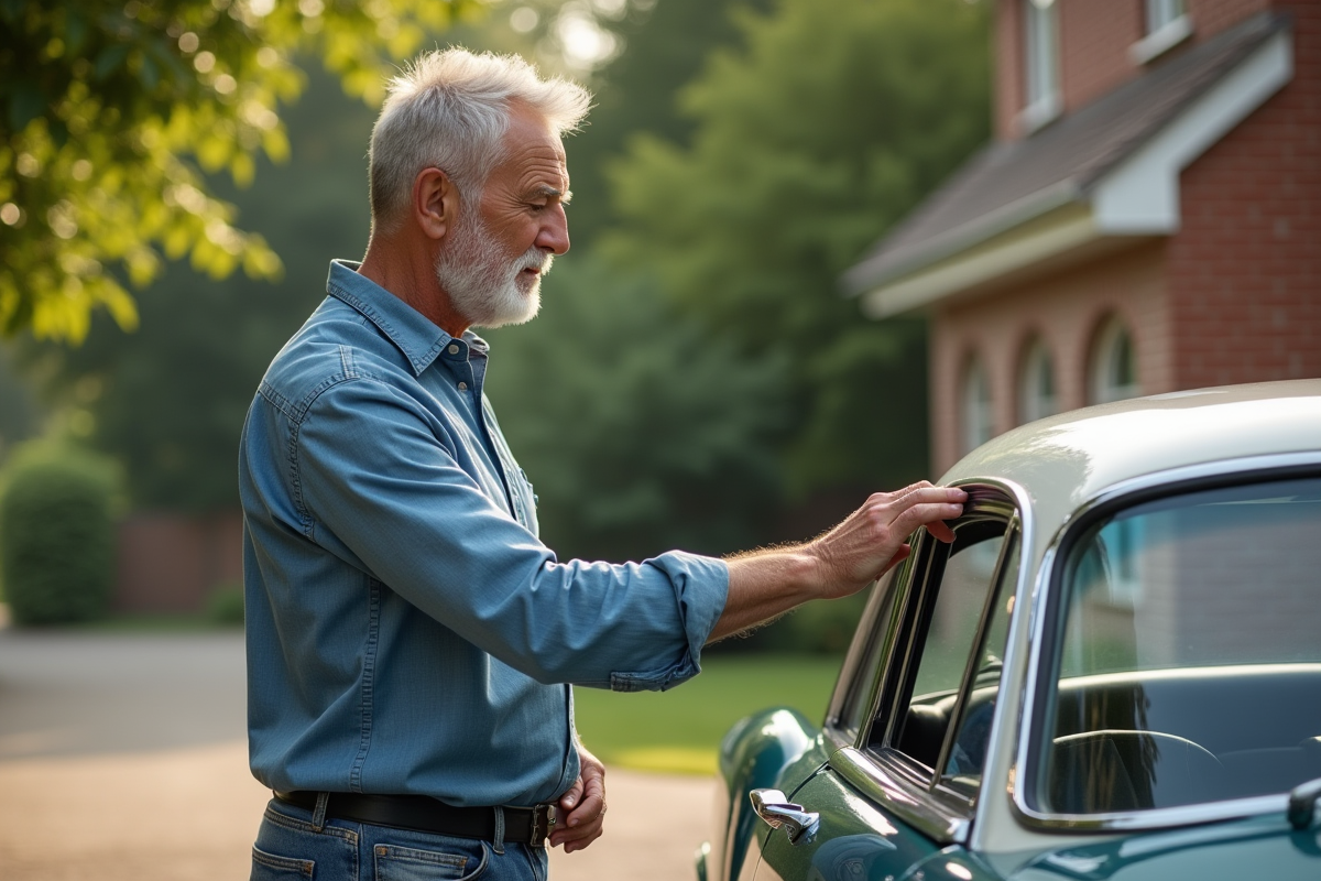 Homme d'âge moyen polissant une voiture vintage classique
