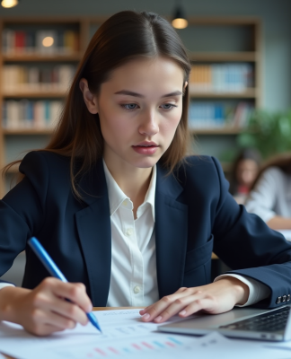 Jeune femme en blazer analyse des graphiques financiers