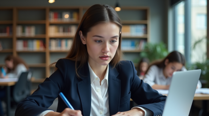 Jeune femme en blazer analyse des graphiques financiers