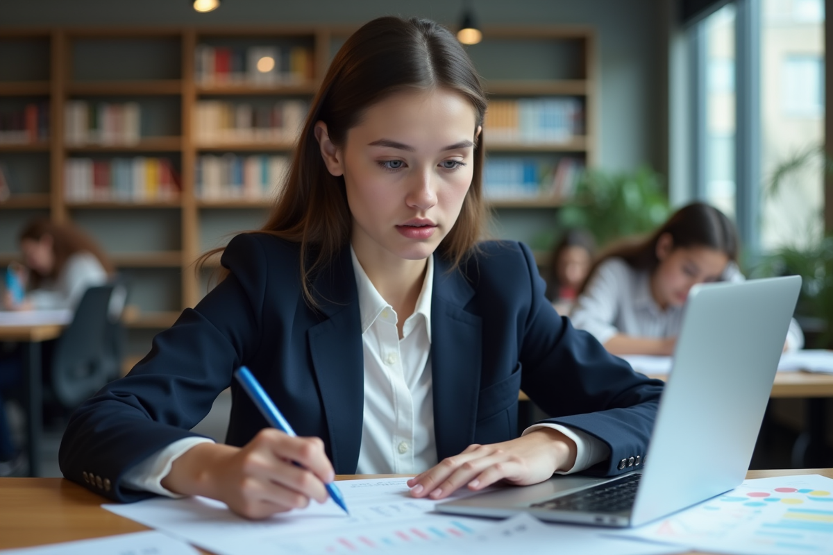 Jeune femme en blazer analyse des graphiques financiers