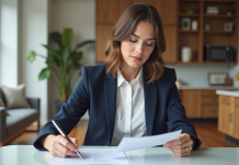 Jeune femme professionnelle examinant un contrat de location