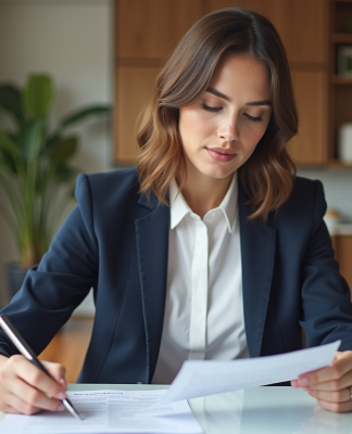 Jeune femme professionnelle examinant un contrat de location