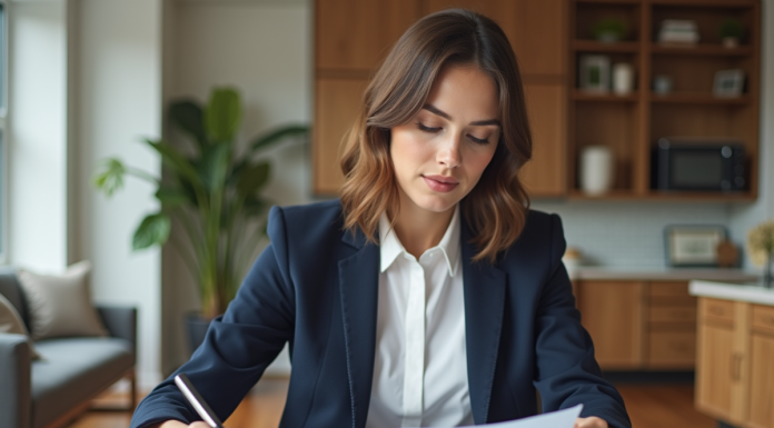 Jeune femme professionnelle examinant un contrat de location