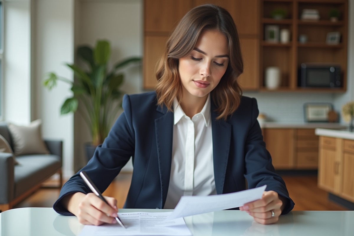 Jeune femme professionnelle examinant un contrat de location