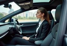 Technologie de conduite autonome : quelle entreprise domine le marché ? Jeune femme en costume dans une voiture autonome moderne