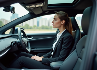 Jeune femme en costume dans une voiture autonome moderne