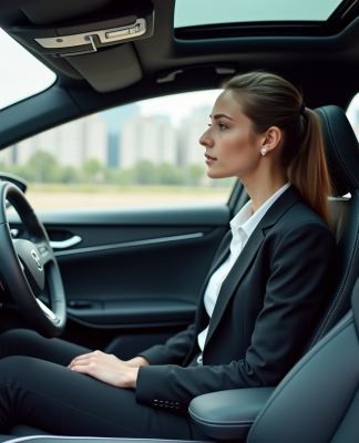 Jeune femme en costume dans une voiture autonome moderne