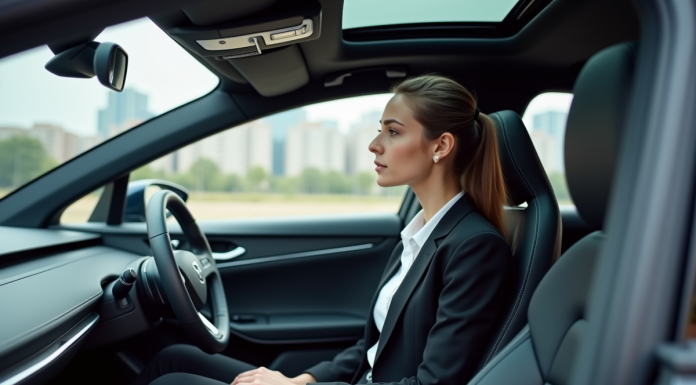 Jeune femme en costume dans une voiture autonome moderne