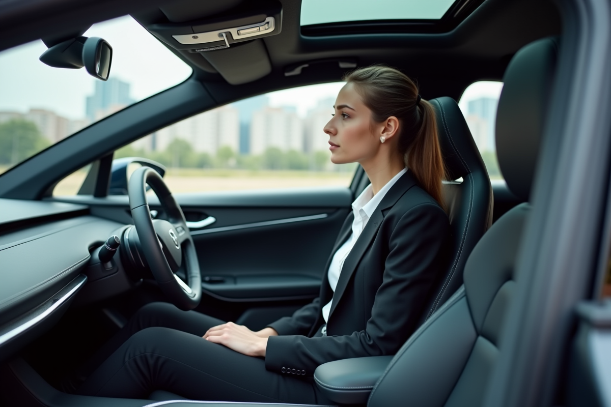 Jeune femme en costume dans une voiture autonome moderne