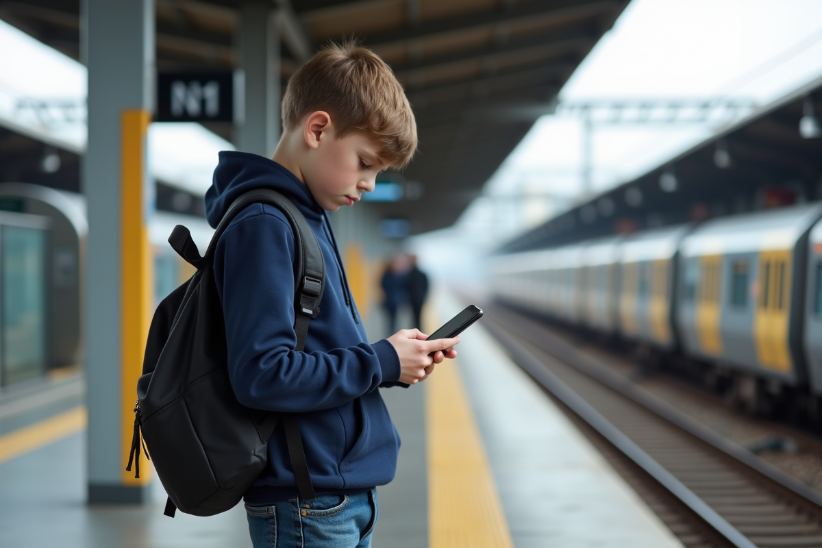 Jeune garçon de 13 ans avec hoodie regardant son smartphone à la gare