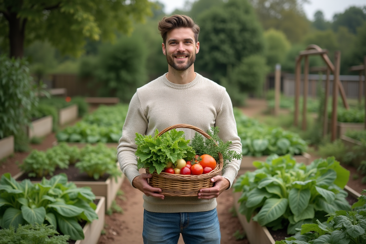 Jeune homme dans un jardin avec panier de légumes