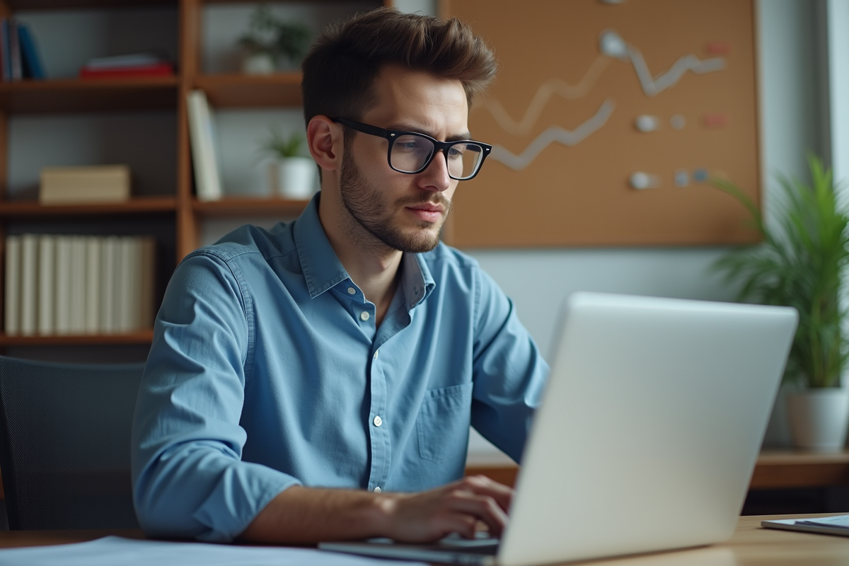 Jeune homme concentré utilisant un ordinateur dans un bureau organisé