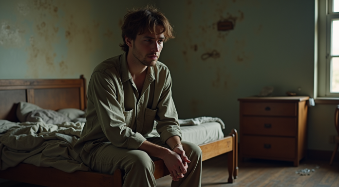 Jeune homme fatigué en vêtements sales sur un lit en désordre