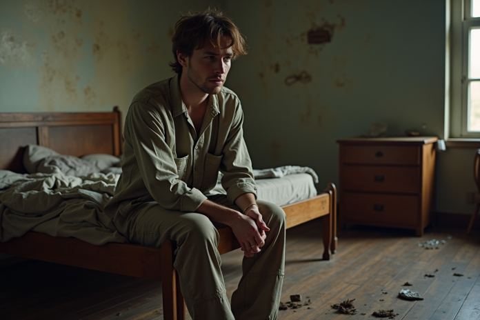 Jeune homme fatigué en vêtements sales sur un lit en désordre