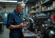 Mécanicien homme examinant un piston de moteur dans un atelier auto