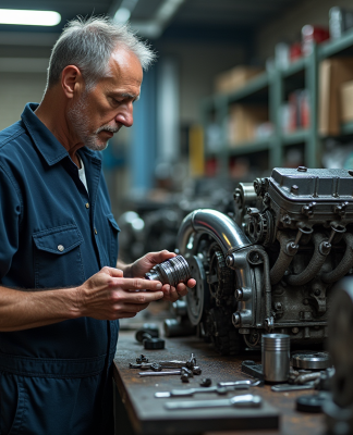 Mécanicien homme examinant un piston de moteur dans un atelier auto