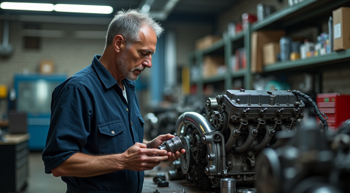 Mécanicien homme examinant un piston de moteur dans un atelier auto