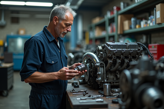 Mécanicien homme examinant un piston de moteur dans un atelier auto