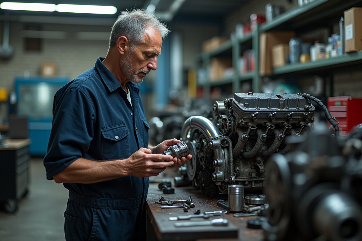 Mécanicien homme examinant un piston de moteur dans un atelier auto