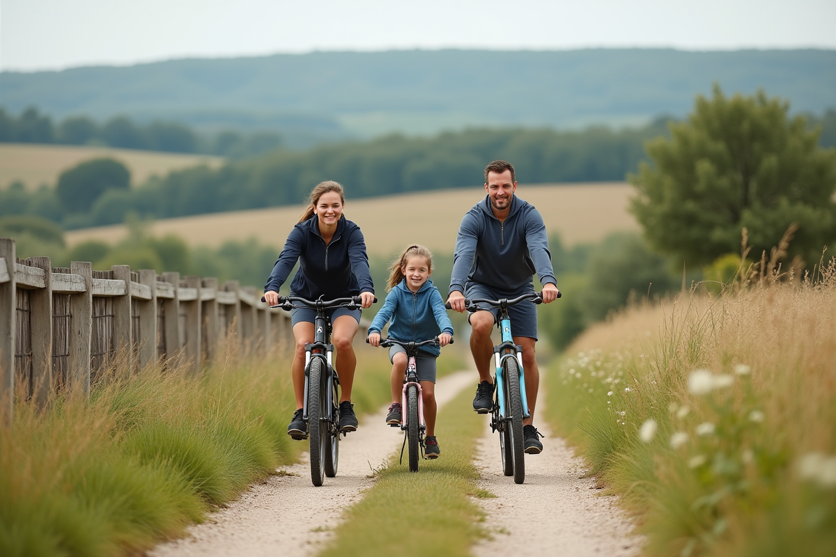 Parents et adolescente en vélo sur un sentier rural