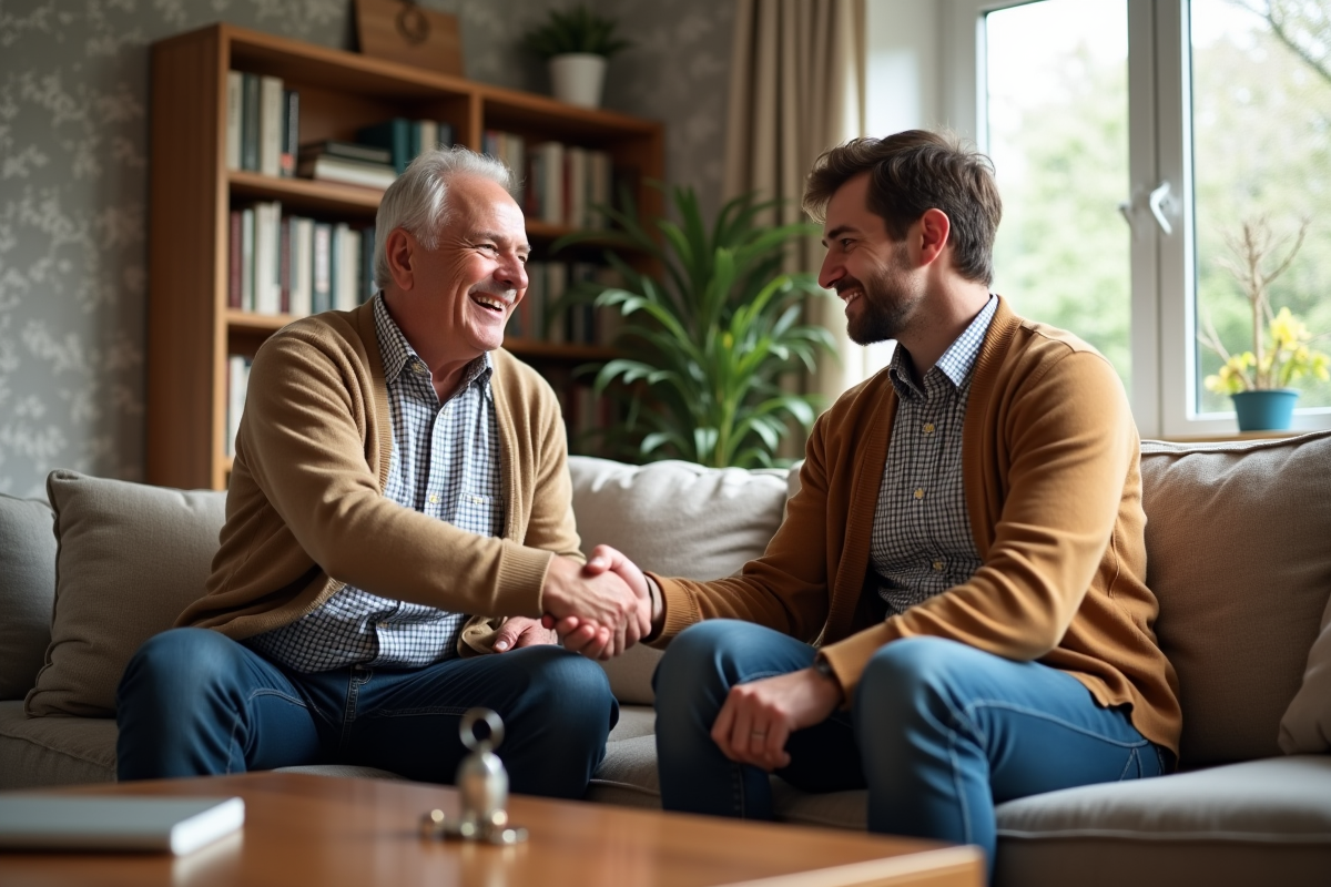 Proprietaire et locataire se serrant la main dans un salon