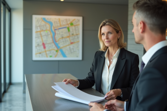 Femme en tenue professionnelle avec dossiers à l'accueil d'une mairie