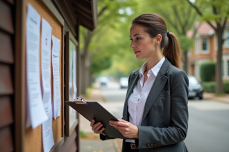 Femme lisant une affiche communautaire en extérieur