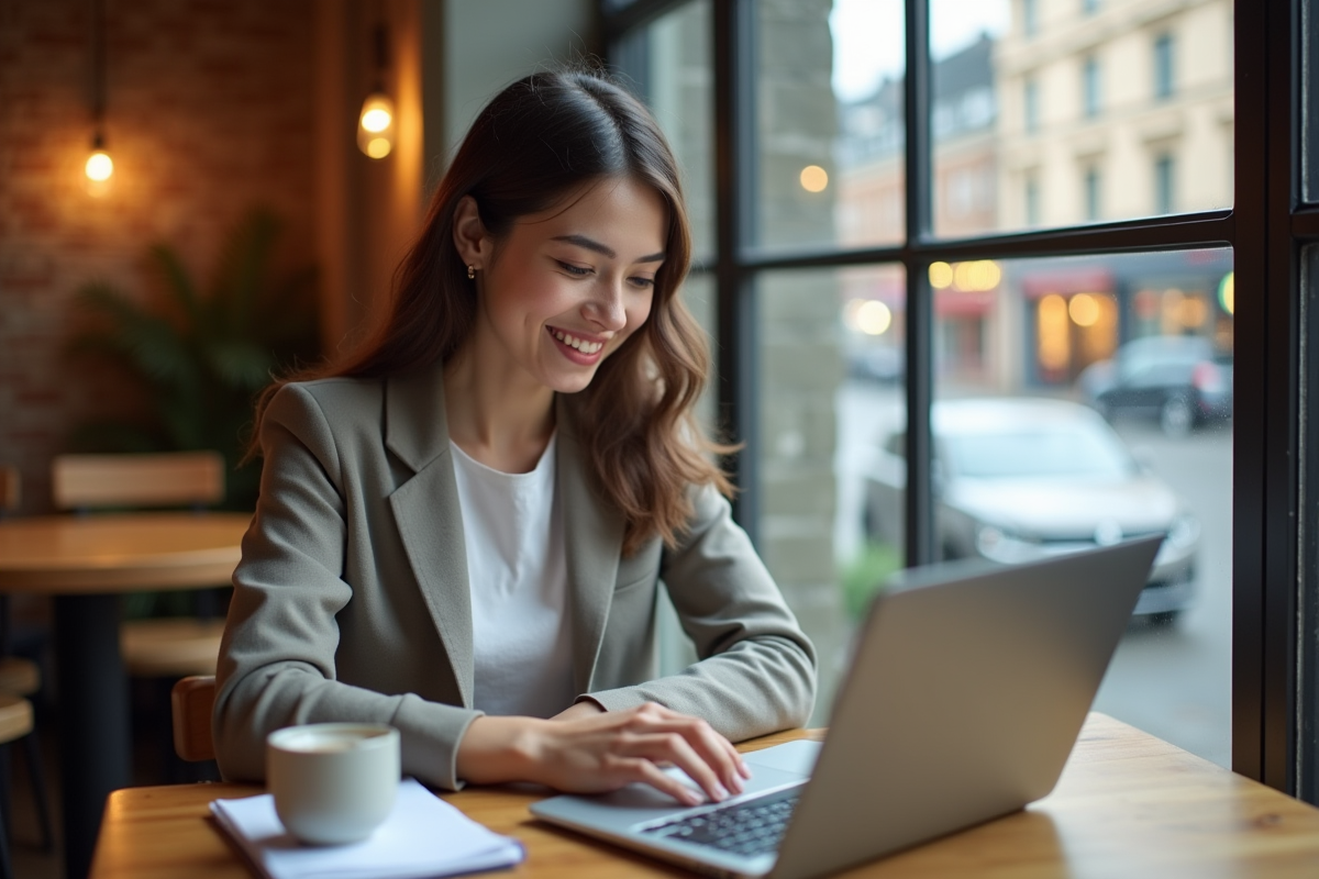 Jeune femme consultant des feuilles de calcul en café