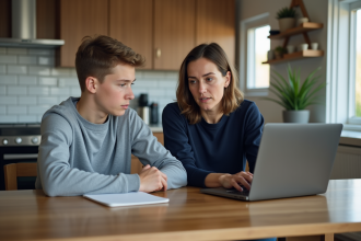 Femme aidant son adolescent sur un ordinateur dans la cuisine