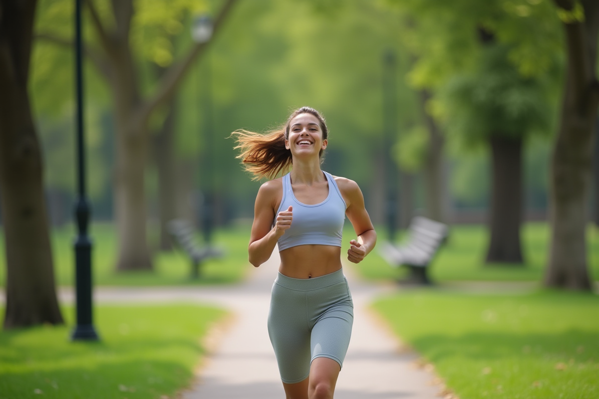 Jeune femme en tenue de sport court dans un parc vert