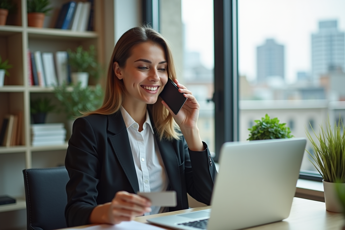 Jeune femme parle au téléphone avec sa carte de crédit au bureau