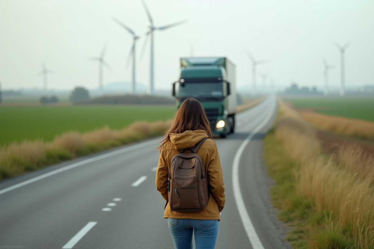 Jeune femme observe un camion à hydrogène dans un paysage rural