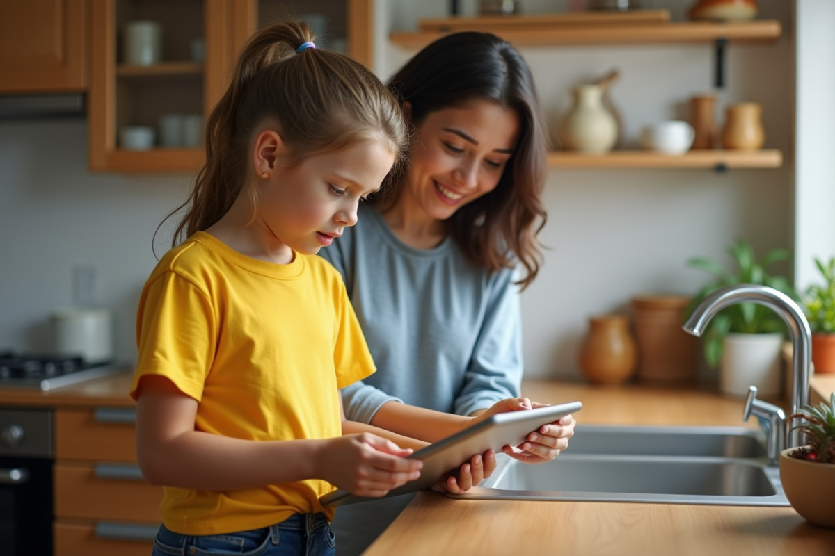 Fille de 10 ans montrant une application éducative à sa mère en cuisine