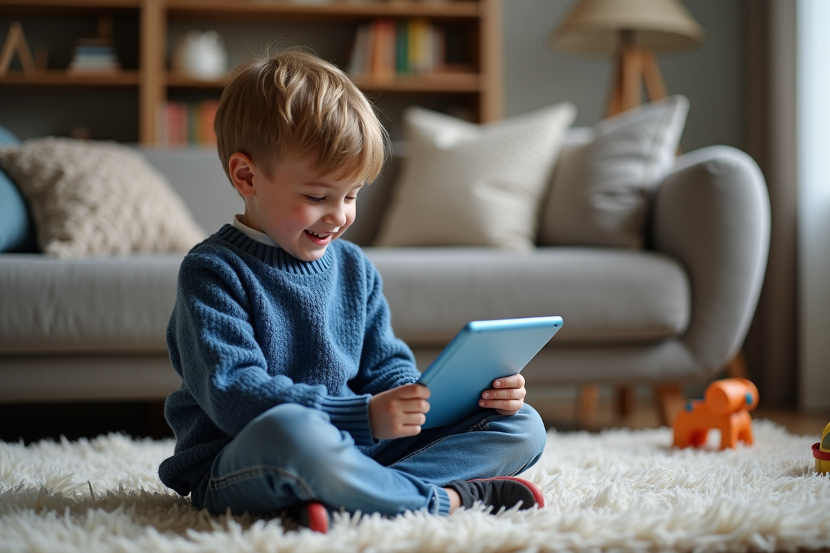 Jeune garçon de 8 ans utilisant une tablette dans le salon
