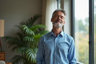 Homme d'âge moyen respire calmement près d'une fenêtre