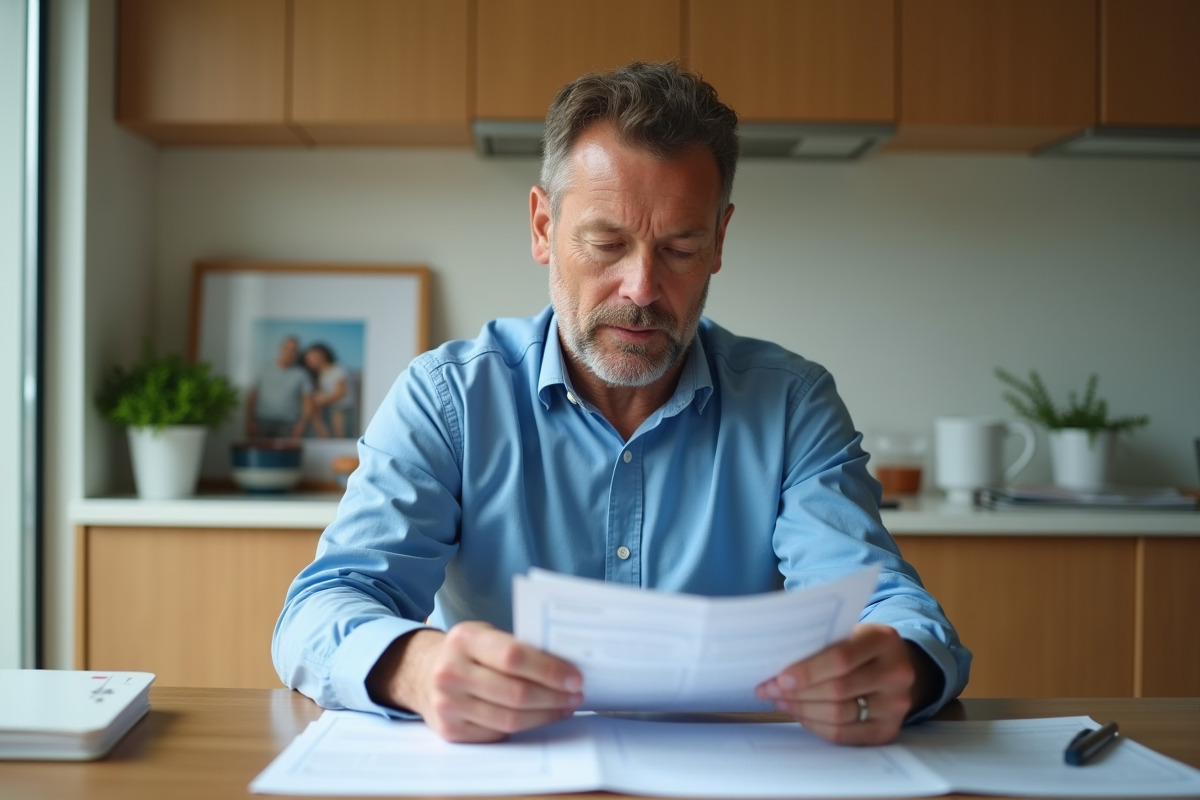 Homme d'âge moyen examine ses relevés de prêt à la maison