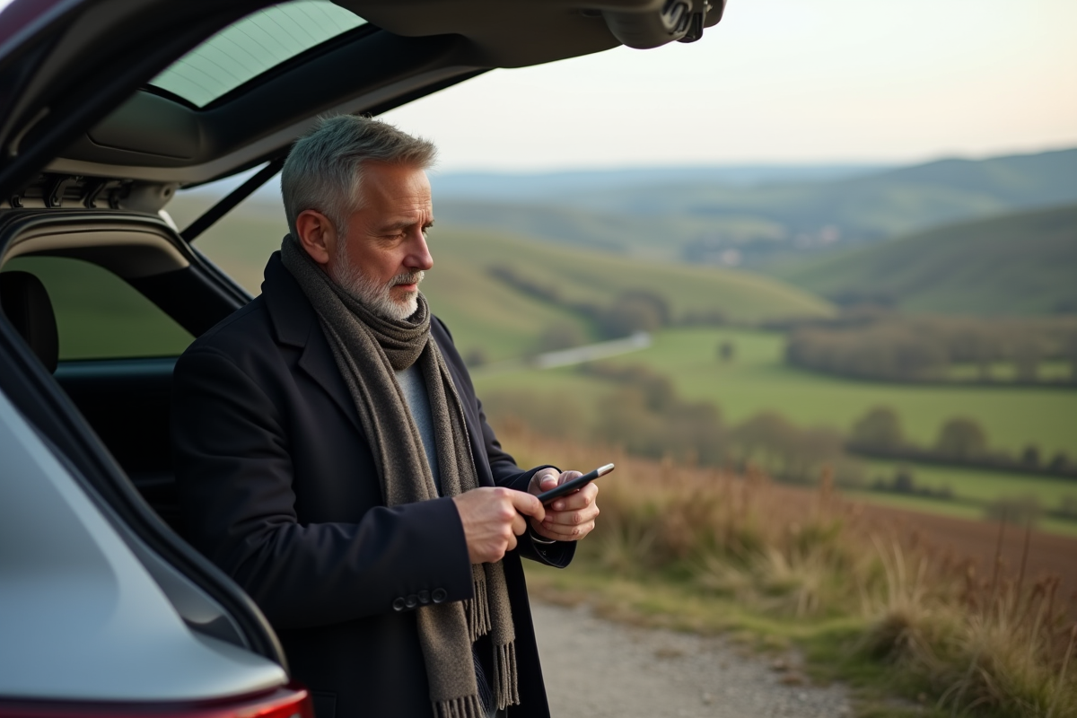Homme inspectant SUV en paysage rural