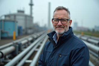 Ingénieur en veste de travail près d'une usine à hydrogène