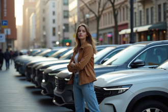 Jeune femme stylée avec SUV moderne en ville