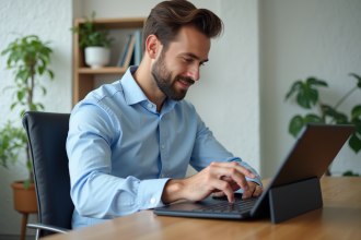 Jeune homme concentré utilisant une tablette Windows dans un bureau moderne