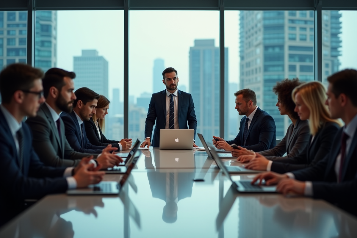 Groupe de professionnels en réunion avec tablettes et ordinateurs
