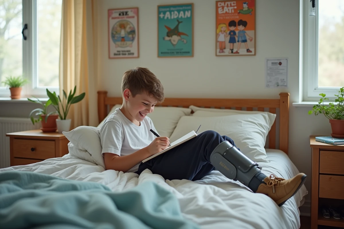 Adolescent dessinant dans sa chambre avec jambe en attelle