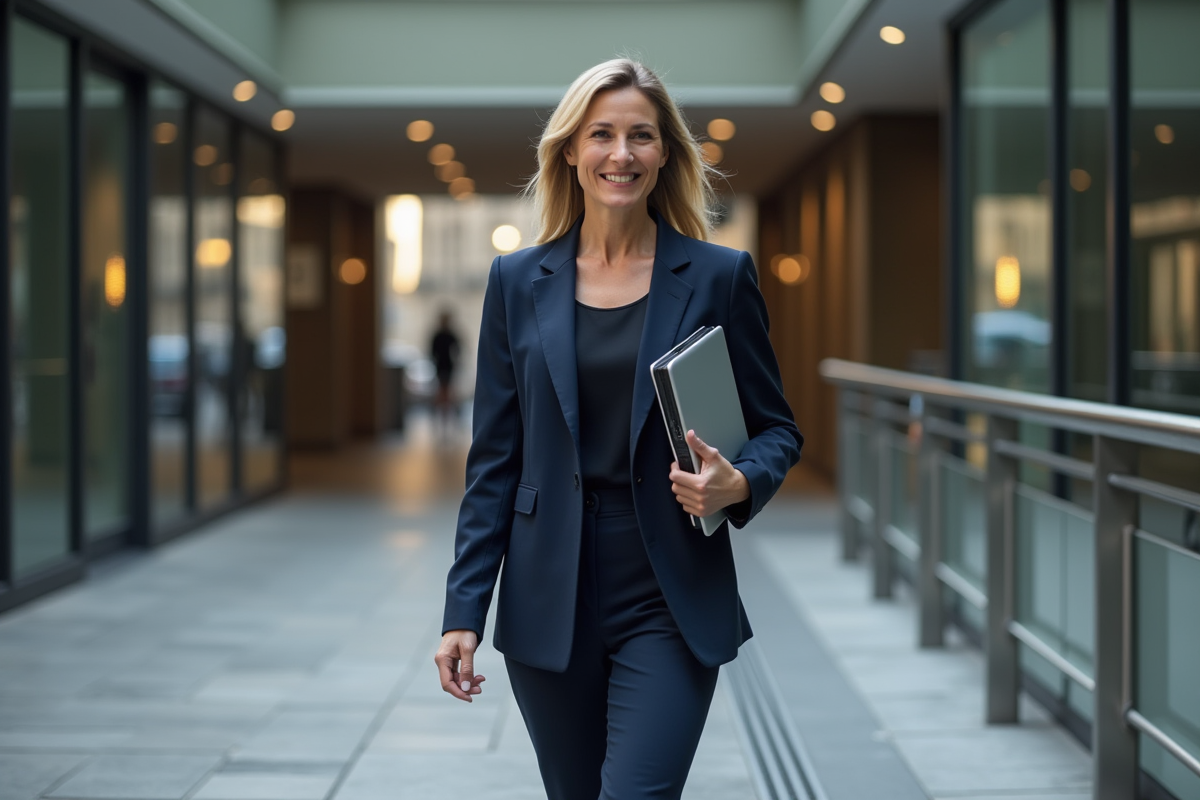 Femme d'affaires française en costume dans un bâtiment moderne